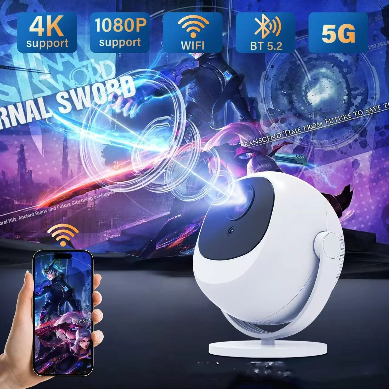 Android 11 Smart Projector with Electric Focus, 5G WiFi & Bluetooth