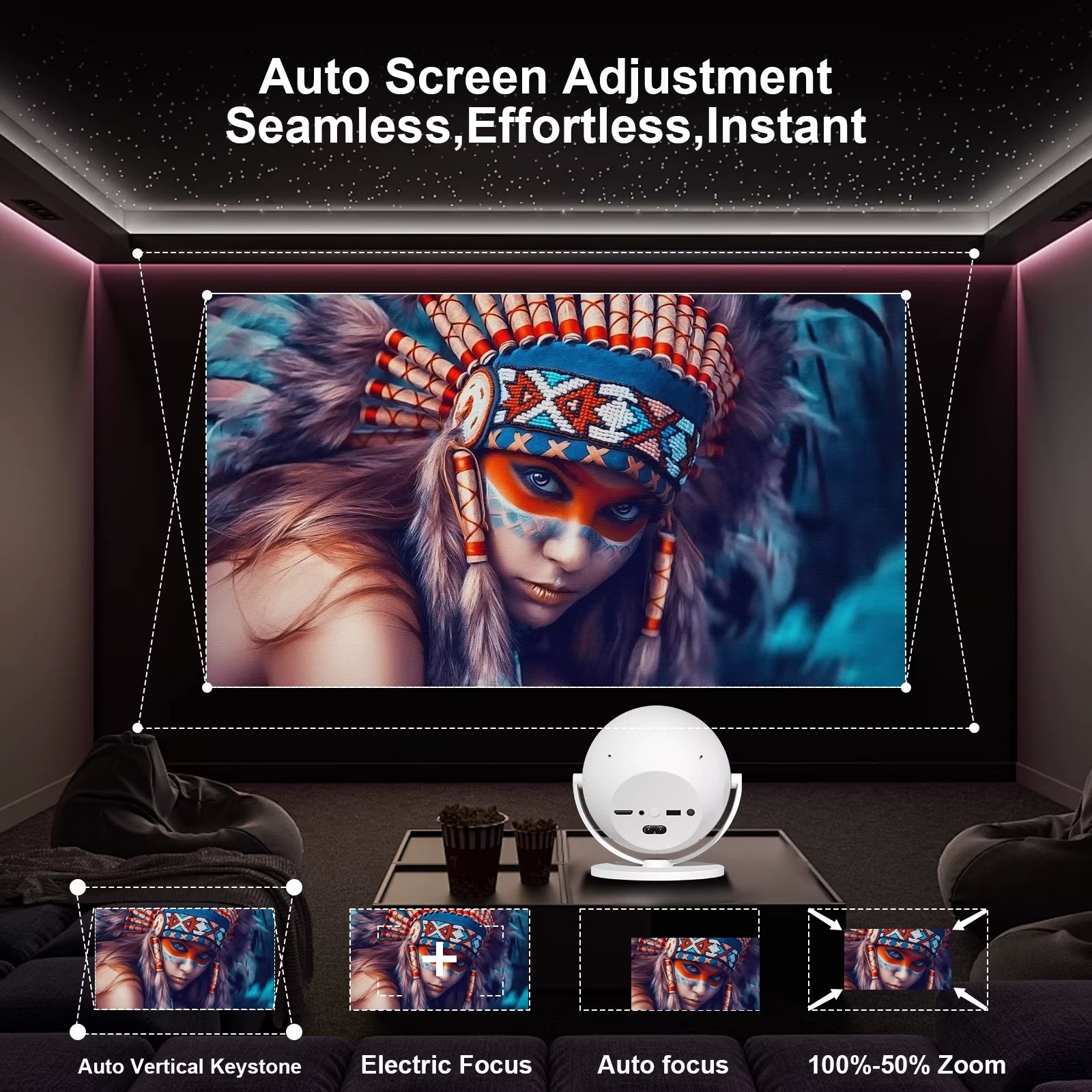 Ultra-Clear Spherical Smart Projector 2.4/5G Wifi Dual-Band Wireless 6+ Bt4.2 Led Multifunctional Portable Projector, Home Movie Viewing | Outdoor Camping, 360 ° Rotation